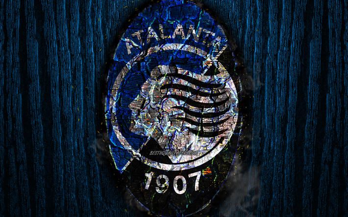 Atalanta FC, scorched logo, Serie A, blue wooden background, italian football club, Atalanta BC, grunge, football, soccer, Atalanta logo, fire texture, Italy