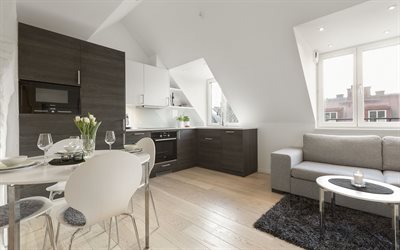 stylish apartments, modern interior design, white gray modern interior, living room, attic floor