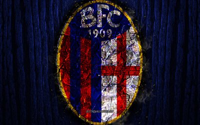 Bologna FC, scorched logo, Serie A, blue wooden background, italian football club, Bologna FC 1909, grunge, football, soccer, Bologna logo, fire texture, Italy