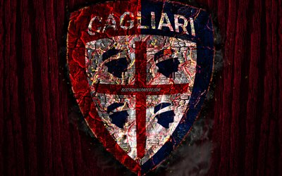 Cagliari FC, scorched logo, Serie A, purple wooden background, italian football club, Cagliari Calcio, grunge, football, soccer, Cagliari logo, fire texture, Italy