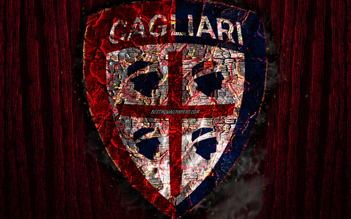 Cagliari FC, br&#251;l&#233;e logo, Serie A, violet fond de bois, italien, club de football, Cagliari Calcio, grunge, de football, de soccer, de Cagliari logo, le feu de la texture, Italie