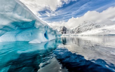 Icebergs, Antarctica, ocean, ice, winter, snow, blue sky