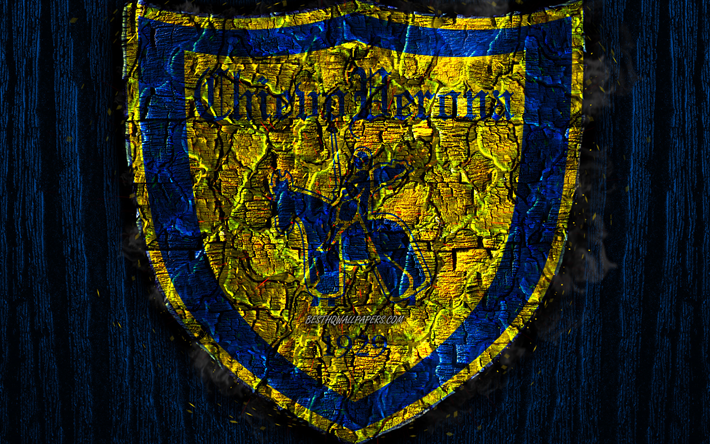 Chievo FC, arrasada, logotipo, Serie a, de madera azul de fondo, club de f&#250;tbol italiano, el AC Chievo Verona, el grunge, el f&#250;tbol, el Chievo, el logotipo, el fuego de la textura, Italia