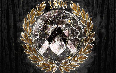 Udinese FC, scorched logo, Serie A, black wooden background, italian football club, Udinese Calcio, grunge, football, soccer, Udinese logo, fire texture, Italy