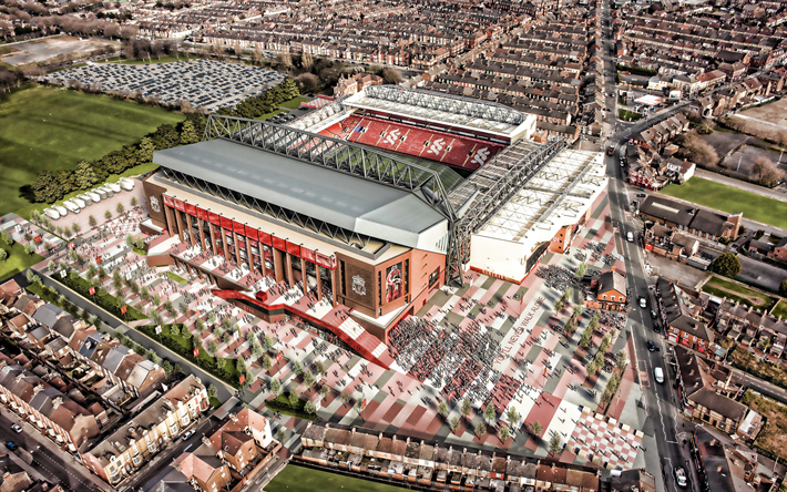 4k, Anfield, aerial view, Liverpool stadium, England, english stadiums, soccer, Liverpool, football stadiums, Anfield Road, Liverpool FC