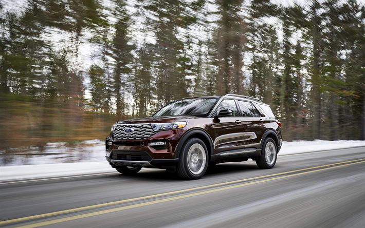 Ford Explorer Platinum, 2020, luxury SUV, new burgundy Explorer 2020, exterior, front view, american cars, Ford