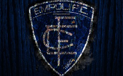 Empoli FC, scorched logo, Serie A, blue wooden background, italian football club, Empoli Football Club, grunge, football, soccer, Empoli logo, fire texture, Italy