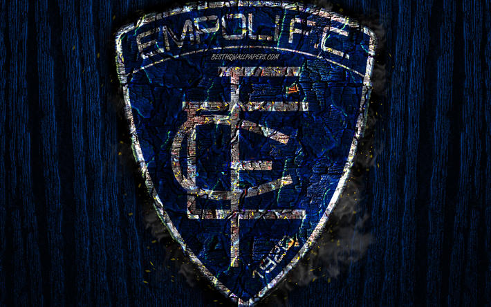 Empoli FC, br&#251;l&#233;e logo, Serie A, bleu, en bois, fond, italien, club de football, Empoli Football Club, grunge, le football, le soccer, Empoli logo, le feu de la texture, Italie
