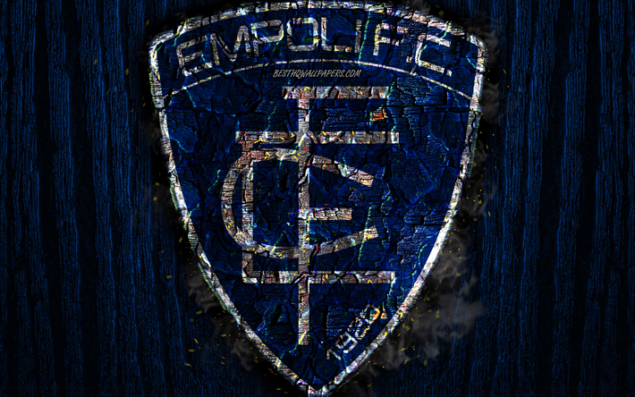 empoli fc, verbrannten und logo, serie a, blau holz-hintergrund, italienische fu&#223;ball-club, empoli football club, grunge, fu&#223;ball, empoli logo -, feuer-textur, italien