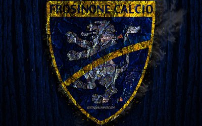 Frosinone FC, scorched logo, Serie A, blue wooden background, italian football club, Frosinone Calcio, grunge, football, soccer, Frosinone logo, fire texture, Italy