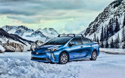 4k, Toyota Prius Limitata, inverno, 2019 auto, blu Prius, fuoristrada, auto in cumuli di neve, 2019 Toyota Prius, auto giapponesi, Toyota