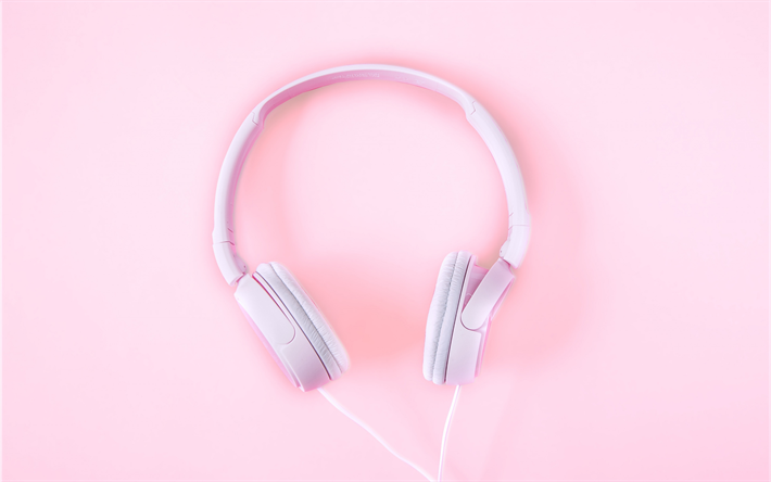 vaaleanpunainen kuulokkeet, musiikki, kuulokkeet pinkki tausta, musiikin k&#228;sitteet