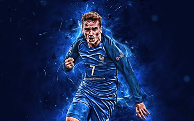 Antoine Griezmann, goal, France National Team, joy, Griezmann, soccer, abstract art, french footballers, FFF, neon lights, French football team