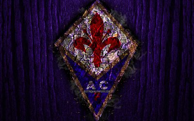 Fiorentina FC, scorched logo, Serie A, violet wooden background, italian football club, ACF Fiorentina, grunge, football, soccer, Fiorentina logo, fire texture, Italy