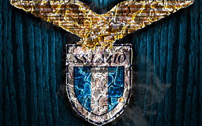 Lazio FC, scorched logo, Serie A, blue wooden background, italian football club, SS Lazio, grunge, football, soccer, Lazio logo, fire texture, Italy