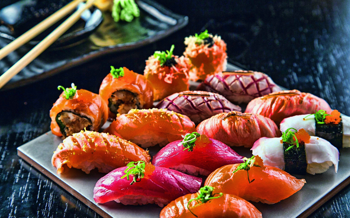 sushi, asiatiska livsmedel, rullar, fastfood, nigiri, temari