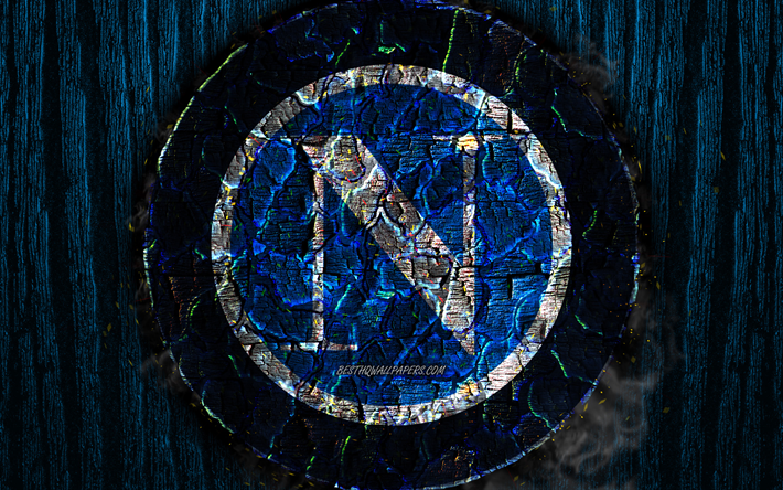 Napoli FC, scorched logo, Serie A, blue wooden background, italian football club, SSC Napoli, grunge, football, soccer, Napoli logo, fire texture, Italy