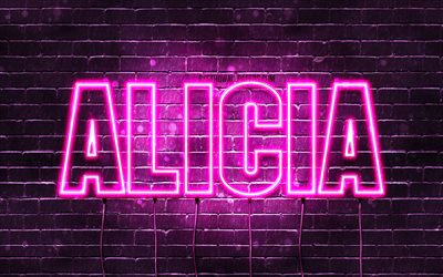 Alicia, 4k, wallpapers with names, female names, Alicia name, purple neon lights, horizontal text, picture with Alicia name