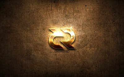 Decred golden logo, cryptocurrency, brown metal background, creative, Decred logo, cryptocurrency signs, Decred