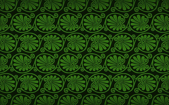 green floral pattern, 4k, floral greek ornaments, background with floral ornaments, floral textures, floral patterns, green floral background, greek ornaments