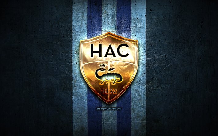 Havre FC, golden logotyp, League 2, bl&#229; metall bakgrund, fotboll, Le Havre AC, franska fotbollsklubben, Havre logotyp, Frankrike