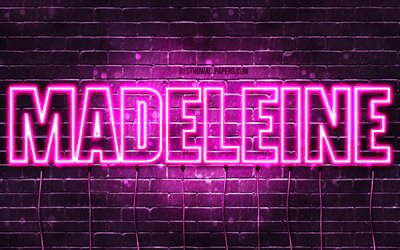 Madeleine, 4k, wallpapers with names, female names, Madeleine name, purple neon lights, horizontal text, picture with Madeleine name