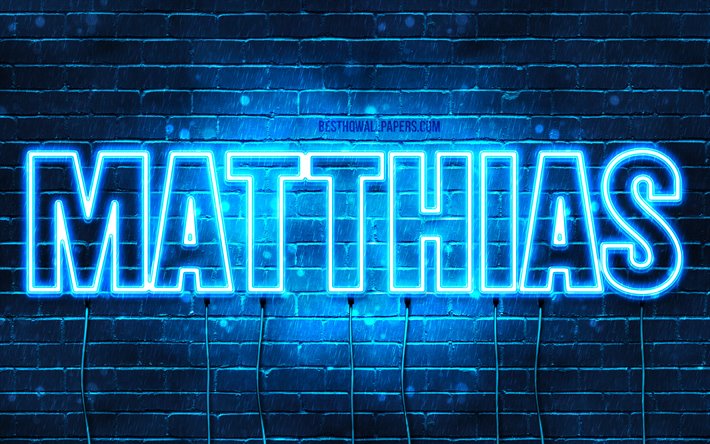 Matthias, 4k, isim Matthias adı ile, yatay metin, Matthias adı, mavi neon ışıkları, resimli duvar kağıtları