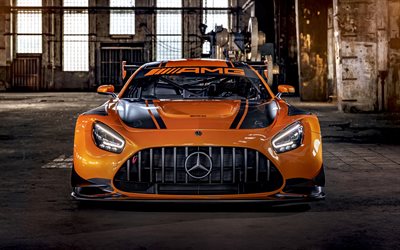 Mercedes-Benz AMG GT3, 2020, front view, orange supercar, tuning Mercedes, new orange AMG GT3, German supercars, Mercedes