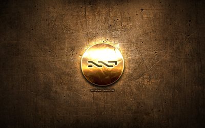Nxt golden logo, cryptocurrency, brown metal background, creative, Nxt logo, cryptocurrency signs, Nxt