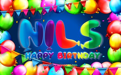 Happy Birthday Nils, 4k, colorful balloon frame, Nils name, blue background, Nils Happy Birthday, Nils Birthday, popular german male names, Birthday concept, Nils