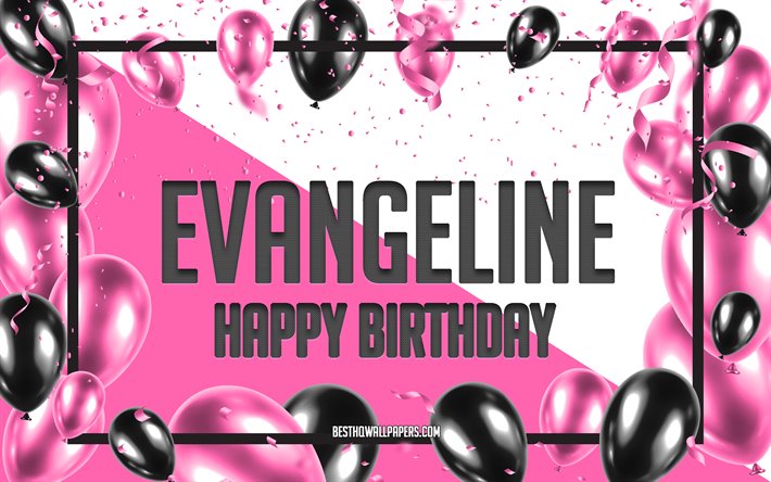 お誕生日おめでEvangeline, お誕生日の風船の背景, Evangeline, 壁紙名, Evangelineお誕生日おめで, ピンク色の風船をお誕生の背景, ご挨拶カード, Evangeline誕生日