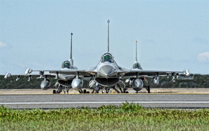 General Dynamics F-16 Fighting Falcon, F-16, luchador americano, pista de aterrizaje, aeropuerto, NOS de la Fuerza A&#233;rea, Aviones de Combate