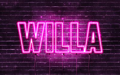 Willa, 4k, wallpapers with names, female names, Willa name, purple neon lights, horizontal text, picture with Willa name