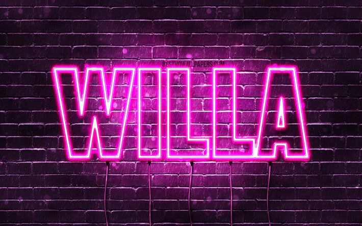 Willa, 4k, pap&#233;is de parede com os nomes de, nomes femininos, Willa nome, roxo luzes de neon, texto horizontal, imagem com Willa nome