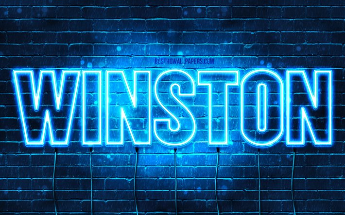 Winston, 4k, pap&#233;is de parede com os nomes de, texto horizontal, Winston nome, luzes de neon azuis, imagem com Winston nome