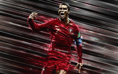 Cristiano Ronaldo, Portugal national football team, CR7, portuguese soccer player, red lines background, creative lines background, portrait, Portugal