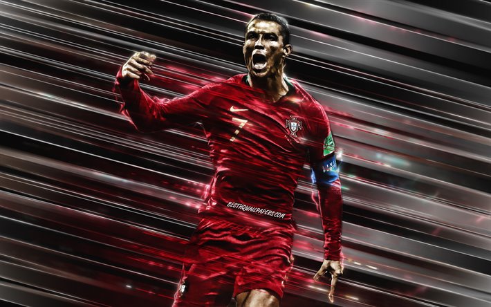 Cristiano Ronaldo, il Portogallo, squadra nazionale di calcio, CR7, portoghese giocatore di calcio, linee rosse sfondo, creativo linee di sfondo, portrait, Portogallo