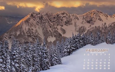 Februari 2020 Kalender, vinterlandskap, bergslandskapet, 2020 vintern kalendrar, 2020 Februari Kalender, berg
