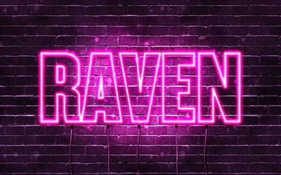 Raven, 4k, wallpapers with names, female names, Raven name, purple neon lights, horizontal text, picture with Raven name