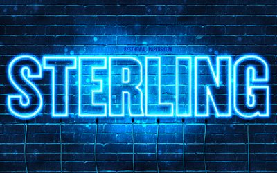 Sterling, 4k, tapeter med namn, &#246;vergripande text, Sterling namn, bl&#229;tt neonljus, bild med Sterling namn