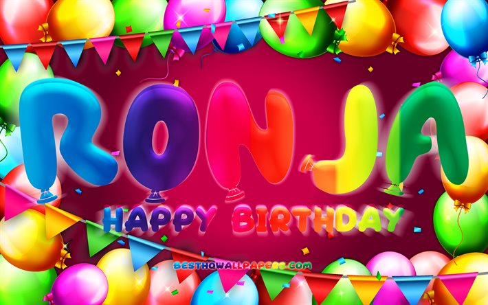 Joyeux Anniversaire Ronja, 4k, color&#233; ballon cadre, Ronja nom, fond mauve, Ronja Joyeux Anniversaire, Ronja Anniversaire, populaire en allemagne, les noms de femmes, Anniversaire concept, Ronja