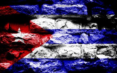 Cuba flag, grunge brick texture, Flag of Cuba, flag on brick wall, Cuba, Europe, flags of North America countries