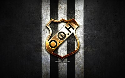 OFI Kreta FC, golden logotyp, Super League Grekland, black metal bakgrund, fotboll, OFI Kreta, grekisk fotboll club, OFI Kreta-logotyp, Grekland