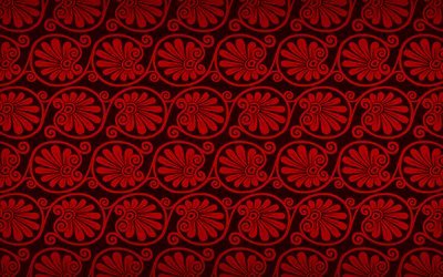 赤い花のパターン, 4k, 花ギリシャの飾り, 背景の花の飾り, 花織, 花のパターン, 赤花の背景, ギリシャの飾り
