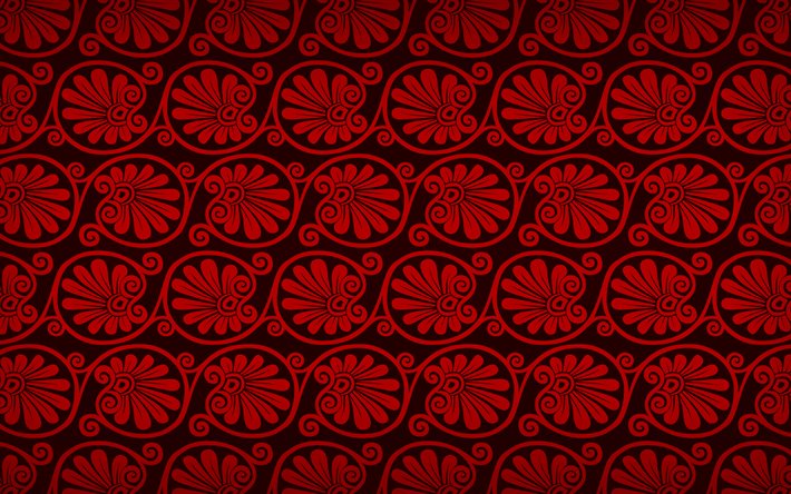 rote blumen-muster, 4k, blumen, griechische ornamente, hintergrund mit floralen ornamenten, floralen texturen, florale muster, rot floral hintergrund