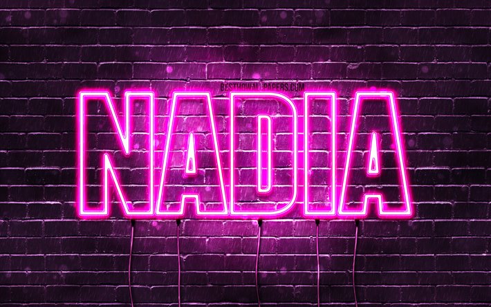 Nadia, 4k, wallpapers with names, female names, Nadia name, purple neon lights, horizontal text, picture with Nadia name