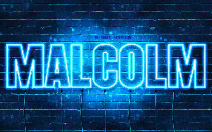 Malcolm, 4k, taustakuvia nimet, vaakasuuntainen teksti, Malcolm nimi, blue neon valot, kuva Malcolm nimi