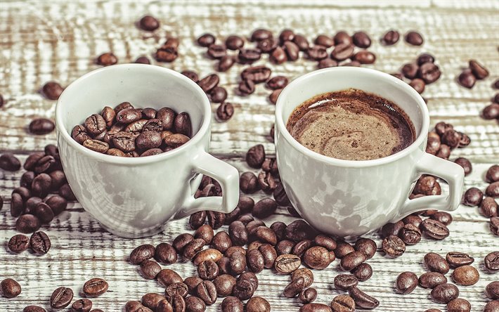 一杯のコーヒー, コーヒーの概念, カップコーヒー粒, 白いカップ, 木の背景