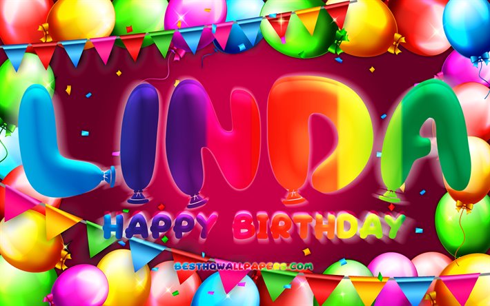 お誕生日おめでリンダ, 4k, カラフルバルーンフレーム, リンダの名前, 紫色の背景, リンダ-お誕生日おめで, リンダの誕生日, ドイツの人気女性の名前, 誕生日プ, リンダ