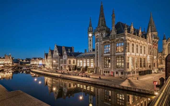 Gand, Post Plaza, la sera, la cappella, paesaggio urbano, punto di riferimento, Belgio